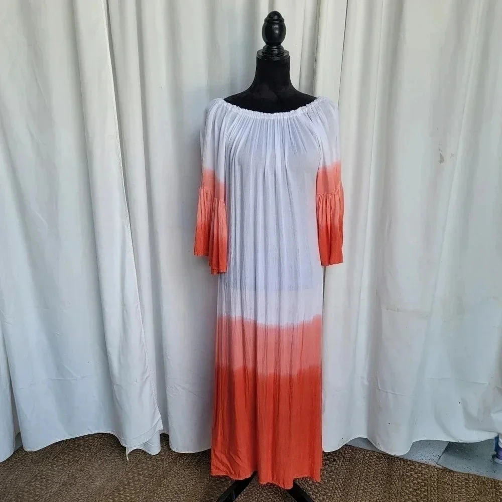 NWT Ace Fashion Ombre Dip Dyed Coral Pink Orange Pink White Dress with Bell S